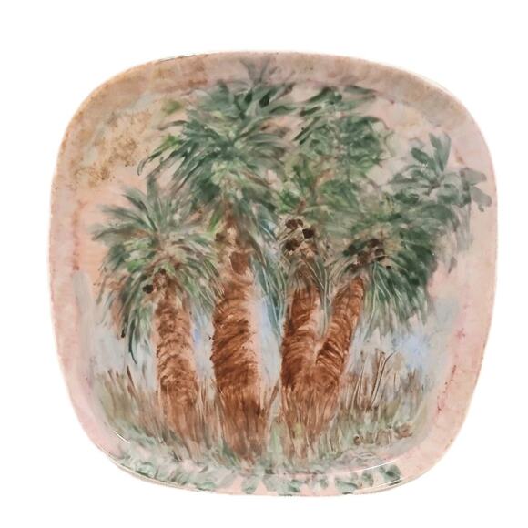 Tropical Palms 8" Square Hand Painted Serving Dinner Plate Island Signed Vintage - Picture 1 of 9